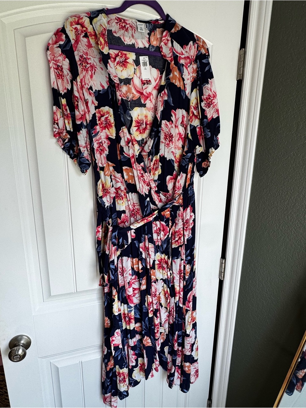 Old Navy Floral Wrap Midi Dress 2X Plus Navy Pink Tie Waist NWT